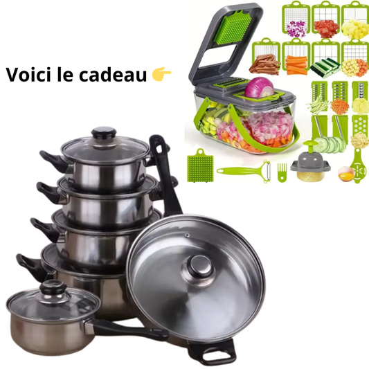 6 grandes casseroles de cuisine et 1 moulinex manuel.