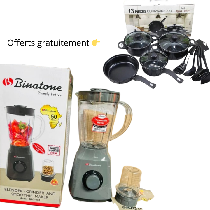 1 Moulinex Binatone 350W + 4 casseroles antiadhésives + 6 cuillères en silicone
